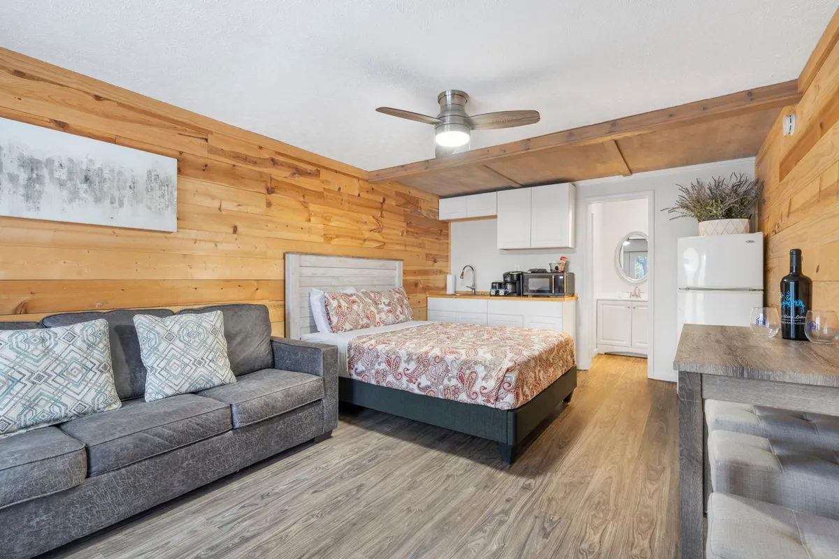 This image showcases a cozy studio interior featuring wooden wall paneling, a queen bed with decorative bedding, a patterned sofa, and a small kitchenette area. The scene captures the open-concept layout where the sleeping and living spaces flow seamlessly together, inviting comfort and conviviality.